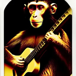 polaroid by albrecht durer of a monkey playing a guitar, 6 strings