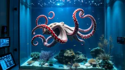 You’re looking at something truly unusual, aren’t you? A creature that blends human features with octopus tentacles, floating inside a glass tank that feels more like a high-tech aquarium than a simple display. The water glows with blue hues, and tiny fish dart around it like they’re part of a living scene. Coral and seaweed sway gently, giving the whole thing a dreamlike rhythm. Around the tank, you can see screens flickering with data and little gadgets humming softly, as if someone’s watching