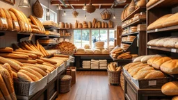 The wooden floors of a shop are filled with all kinds of fancy breads, including baguettes, sandwiches, dough and tortillas, white, and whole wheat, and all kinds of sweets, wheat ears, sesame seeds, freshly baked sliced ​​breads, and a classic theme.