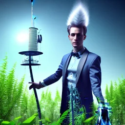 mad scientist with blue eyes standing by cell tower overgrown with plants