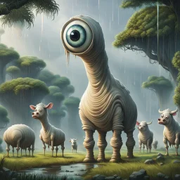 far in the distance five very big cute-crepy weird creatures stand on four legs with one giant eye , without ears , with big cow udders between their legs, peacefully grazing the grass, in the background there is a jungle, rain, realistic, detailed, sci-fi, fantasy, cinematic