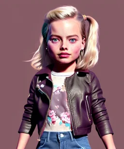 Margot Robbie toddler, full body, sneaker, leather jacket, floral shirt, soft skin, dramatic lighting, hyper realistic