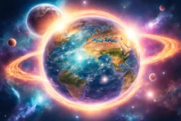 The Planet Earth with a bright network of luminous Energy passing through, that connecting all things. The Planet has a magic luminous aura and It Is suspense in a bright cosmo