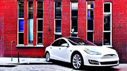 A Tesla's 'Model S Plaid' is parked, on the South Street Seaport, in New York. CINEMATIC. WIDE ANGLE LENS. PHOTO REAL.
