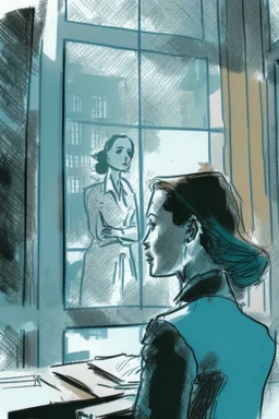 woman talking to someone in office with big windows sketch style with a bit color