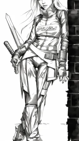 teen woman in retro-futurist cyberpunk costuming with pants and sheathed swords leaning to the side with shoulder against a brick pillar, background is brick with graffiti of a large arrow pointing to the right and text of the word "PUB" on lower left