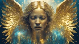 crying angel, double exposure in fantasy style, gold, glitter, fine rendering, bright colors, photorealism, 3D