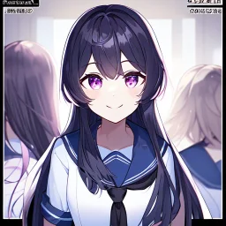 Clear focus,8k,Beatiful Lighting,Beatiful Blur,Beatiful Face,Beatiful Shading,Black long hair,silky hair, long silky bangs, Purple eyes, wearing a sailor uniform outfit, Hair in eyes, lot of hair, Line art, Happy, Smiling