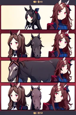 A single portrait of a woman with long brown hair and red eyes wearing competitive horse riding clothes, riding a black horse, intricately detailed, masterpiece, HD, 4k