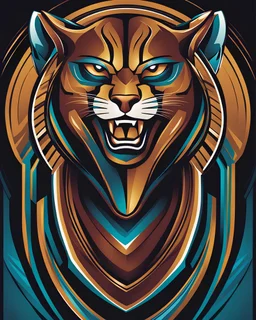 Logotipo simétrico Full body Cougar man man with puma mask in his eyes stylized lineal art complementary colors quality ultra 12k super héroe