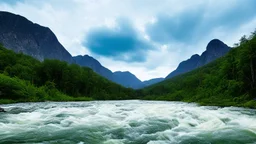 torrential wild white-water river fast flowing rapids dangerous in rural landscape with distant mountains behind