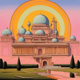 art by "Amedeo Bocchi", painting, landscape , Feigned The Palace Beyond Good and Evil, at Dawn, Illustration, Hopeless, 70s Science Fiction, Provia, overly complex style