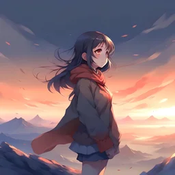 girl, anime style, dawn, plateau, wind, cold,