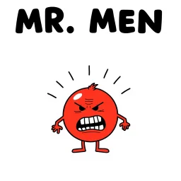 Mr. Men children's book aesthetic title text "Mr. Blister" with a simple color drawing of a whimsical anthropomorphic angry red pulsing blister sore with pain lines emanating, composition in style of Roger Hargreaves, negative white space