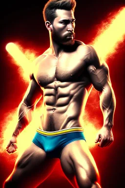 Ignore NSFW, teenager young rugged attractive slightly muscular fantastic handsome man, red briefs with yellow belt, hairy chest, (((visibly pisssing))) briefs, large erect visible boner peniss, photorealistic, artist Jay Anacleto, soft lighting, scruffy beard