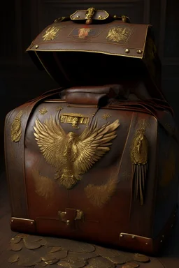 in the BASEMENT there is an old, broken brown oblong leather chest with short handles, with a hole on the side, gold coins from the time of Catherine the Great fall out of it. The ancient coat of arms of tsarist Russia, the double-headed eagle, is BARELY VISIBLE on the bag. All in high quality 8K