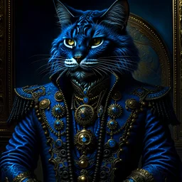 Upscale orkand almost leads to the extinction of cat musk king with chrown, in an accurate revenge scheme,Dramatic, dark and moody, inspired style, with intricate details and a sense of mystery Blue background, 16k