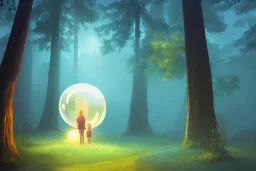 glowing bubble portal in a clearing glade in a redwood forest at night. shimmering portal. the forest redwood trees are lit by a glow. by cyril rolando and naomi okubo and dan mumford and ricardo bofill. beeple. noah bradley. digital render. digital painting. trending on artstation. concept art