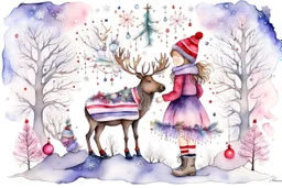 an enchanting illustration Watercolor, Alcohol Ink, Of little girl with short wind blown hair, knit hat with many strands of hair coming through her hat, tiny tinsel and beads through hair, silk lavender and pink dress, striped stockings, boots, stick tree with hanging ornaments from branches, scene is the girl hugging a moose with a red collar around his neck, snowflakes falling from the sky misty evergreen and birch tree background, Wintery Scape