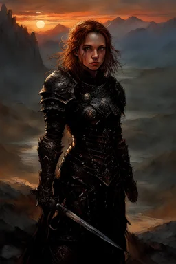 A formidable warrior girl in black armor, on the background Amazing gloomy landscape, flooded with sunset, mountains, trees, fabulous scary hero, , juicy emotions, painting, dark fantasy, gloomy day, dark world, portrait, Gothic Town At Night, Fantasy, Intricate Details, Castle Courtyard Gardens, Hyper Detailed, Jean Baptiste Monge, Carne Griffiths, Michael Garmash, Seb Mckinnon, Masterpiece