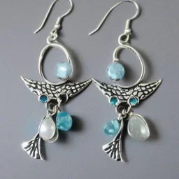 earring, jewlery, silver, crescent moon, aquamarine, a bird, spread wings