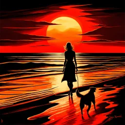 A painting of a woman and a dog walking on a beach at sunset with the red sun in the background, inspired by Chris Moore, inspired by Henry Macbeth-Rayburn, bloody sunset, looking out into the Red Ocean, acrylic and oil painting, with sunset, watching the sunset, 'a lonely dark figure'' !!, inspired by Dave Kendall, epic red - orange moonlight, acrylic painting on oiled canvas