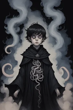 7 year old boy, necromancer, friendly, with tentacle coming out of his stomach, surrounded by weird smoke with eyes, wearing black robes, in the style of Harry Clarke