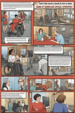 **Content Art:** Develop a comic strip series featuring women and disabled individuals navigating various scenarios safely and confidently. The series could address common safety concerns and provide tips on how to avoid scams during placements or interviews. **Appearance:** content art ideas that encapsulate the themes; "importance of First Aid training, safety and protection of women and individuals with disabilities or special challenges, and awareness against placement / interview scams, wor