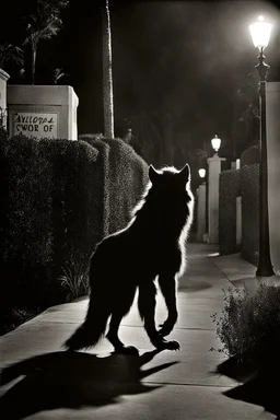 Photograph of a shadowy werewolf prowling a Hollywood movie lot. Grainy, b/w, date approximately 1922.