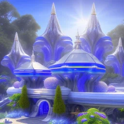 landscape of aztecan blue temple ambient beutiful villa white gold and neon lights bright and blue bright gloss effect of a futuristic house,like spaceship, natural round shapes concept, large transparent view of the open outdoor garden,sea beach,blue sky , gold crystals,with light blue, flowers of Lotus, beutiful pools, light of sun , palmiers,cerisiers en fleurs, wisteria, sun , stars, small waterfalls