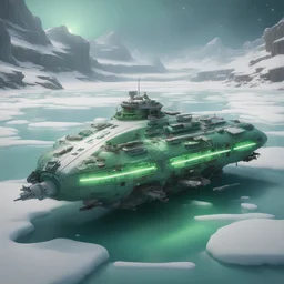 ,large detailed space ship floating on wide ice River , Daylight, antennas, exhaust ports ,very small green hull lights , stopped, , luminescent , 35 mm focal length