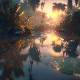 fantasy jungle at sunset, puddles on ground, photorealistic, unreal engine 5, masterpiece, trending on artstation, sharp focus