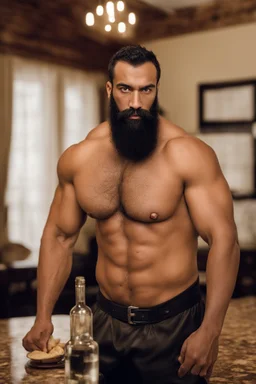 full figure shot photography of a burly ugly 30 year old italian boxer with big broken nose, very long muslim black beard, muscular beefy man shirtless, manly chest, big shoulders, shaved hair, bulge, in a modern dinner room, photorealistic