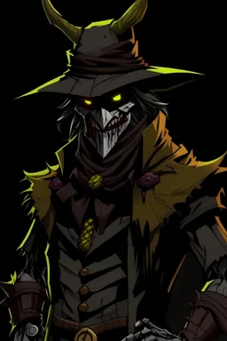 Image of a villain that looks like batman and scarecrow with black and purple cloths named