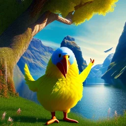 Nærøyfjorden Verdsarvpark, big bird in a tree, tree on a boat, in the style of pixar