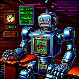 90's TCG art retro scifi art of a time travel clock robot