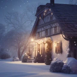 German village house, dark, candle light, snow, 16k quality, hyper realistic, 3d render, dramatic lighting, octane render, volumetric lighting