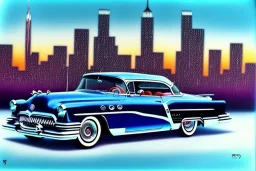 a true-to-life 1953 Buick Super Riviera Coupe, centered, intricate, extreme detailed, photorealism, center view, city background, pivot on buick, pen and color marker painting by cheryl kelley