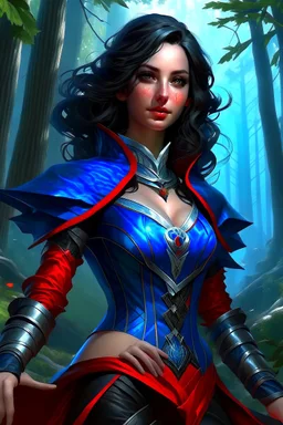 create an adult female air genasi from dungeons and dragons, black medium hair, light blue eyes, blue skin, wavy hair, wearing red leather clothing, full body, digital painting, high resolution, forest background, a bit zoomed out