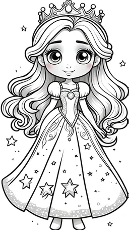 black and white, LOGO ((white background,)) coloring drawing page, cartoon, style pixar, line art, All body, beautiful cute princess the stars, BEAUTIFUL DRESSES, with cute LONG hair and eyes, sparkles,