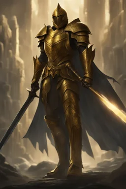 photorealistic holy knight paladin in darkly gold armor and a cape wielding a greatsword in abyss