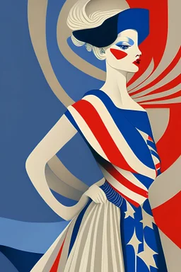 Woman dressed in French flag style of erte
