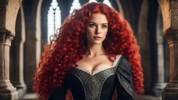 beautiful princess with long red curly hair in a gothic medieval castle, red, 8k, high quality, trending art, trending on artstation, sharp focus, studio photo, intricate details, highly detailed, Antonio Banderas