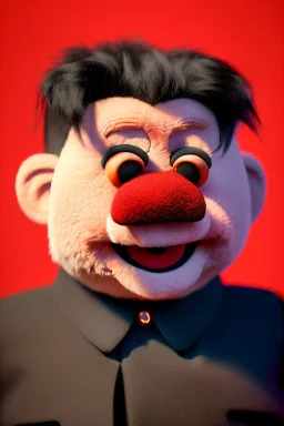 Waist up muppet Portrait, Kim Jong-un as muppet doll, black suit, photo studio, red background, unreal engine 5, concept art, art station, god lights, ray tracing, RTX, lumen lighting, ultra detail, volumetric lighting, 3d.