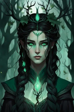 Young extremely beautiful female Hexblood Warlock, long dark brown-black hair styled in elegant half-braids, glowing pale emerald-green eyes, delicate facial features. Thin twisted black thorn-like branches grow naturally from one side of her head, weaving seamlessly through her hair like an eerie crown, with tiny dark leaves and vine-like roots blending into her scalp. Faint dark vine markings trail along her neck and collarbone. Dark fantasy, realistic, cinematic, highly detailed