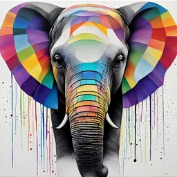 A colorful, abstract and minimal painting of an elephant’s face. The elephant has large eyes, a rainbow patchwork fur, with black outline details giving a scribbled effect. the image is in the middle of a white canvas. The background should be clean and mostly white, with subtle geometric shapes and thin, straight lines that intersect with dotted nodes. The style is expressive and textured, reminiscent of outsider art.