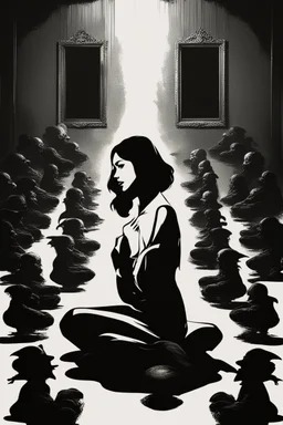 Image of a woman sitting alone, surrounded by shadowy figures whispering in her ear, suggesting the influence of manipulation and dark psychology on individual perceptions of attractiveness Give it a very dark frightening vibe. Use black and red theme.