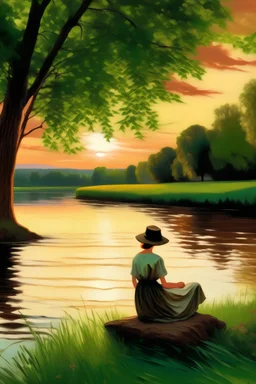 una mujer disfrutando del atardecer al borde de un rio caudaloso y calmo, con arboles y pasto en la costa al estilo impresionista de Claude Monet