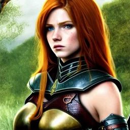 realistic, hyper detailed, strikingly beautiful teen woman, long ginger hair, green eyes, medium freckles, full lips, revealing leather armour, full body and head, exposed b-cup breasts, stern expression, full frame, petite, ignore NSFW, shortbow, quiver on hip, sexy, shaved pussy