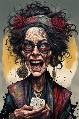 highly detailed full color, caricature concept illustration of a ragged female fortuneteller character , maximalist, sharp focus, highest resolution, in the styles of Ralph Steadman, Brom, Denis Forkas , and Masahiro Ito, boldly inked, 8k, coarse, gritty textures